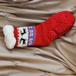Red Faux Sherpa Knit Slipper Socks with Fairisle Deer Pattern and Traction Dots